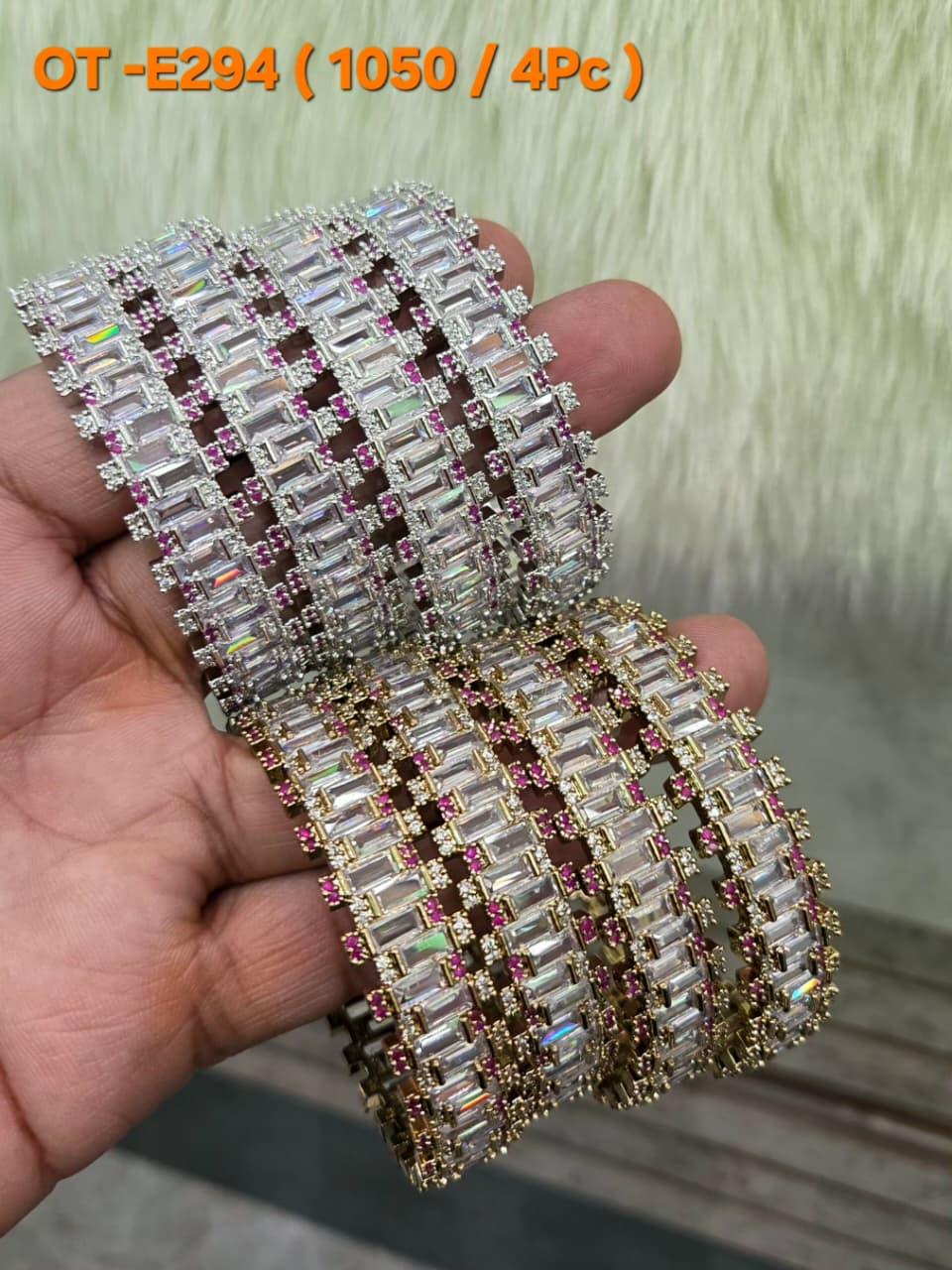 AD Bangles Set with Baguette Stones - 4 Pieces - OT-E294 (1050/4Pc) - Multiple Colors