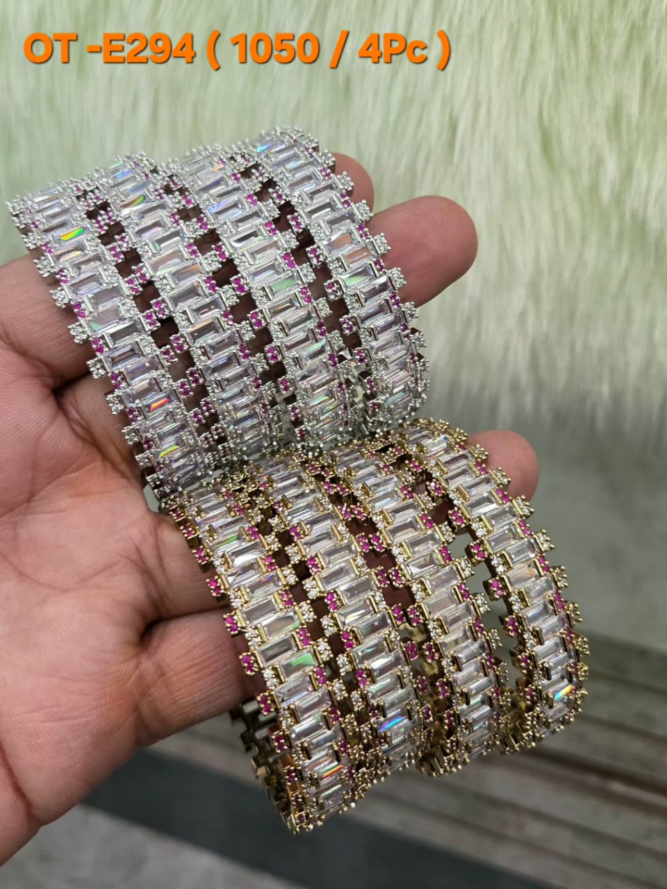 AD Bangles Set with Baguette Stones - 4 Pieces - OT-E294 (1050/4Pc) - Multiple Colors