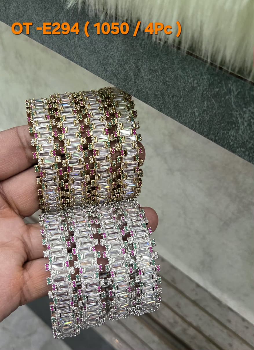 AD Bangles Set with Baguette Stones - 4 Pieces - OT-E294 (1050/4Pc) - Multiple Colors
