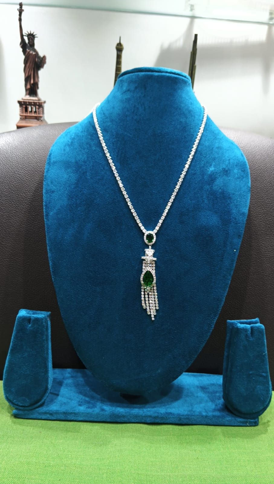 Emerald Tassel AD Chain Necklace | Silver Diamond Long Chain