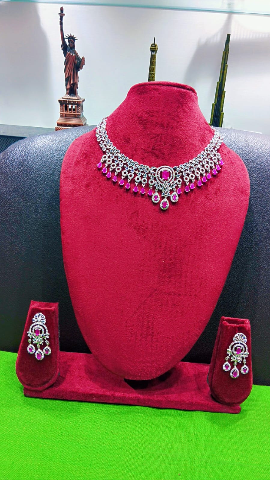 Fuchsia Pink AD Floral Fringe Necklace Set with Chandelier Earrings