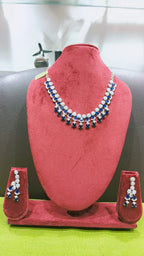 Sapphire Blue AD Double-Row Fringe Necklace Set with Chandelier Earrings