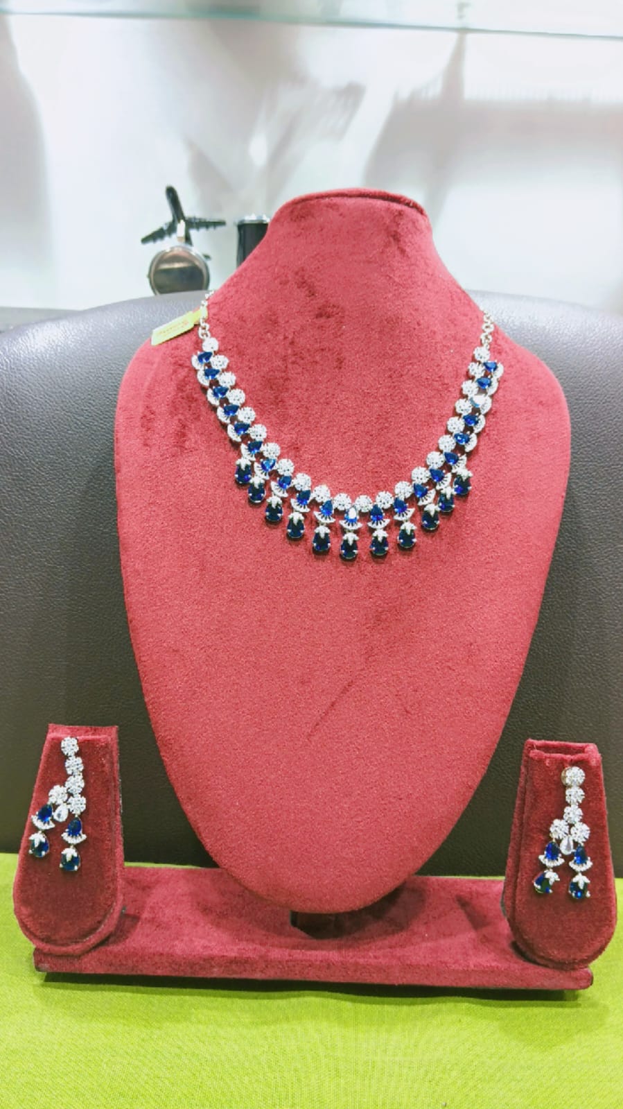 Sapphire Blue AD Double-Row Fringe Necklace Set with Chandelier Earrings