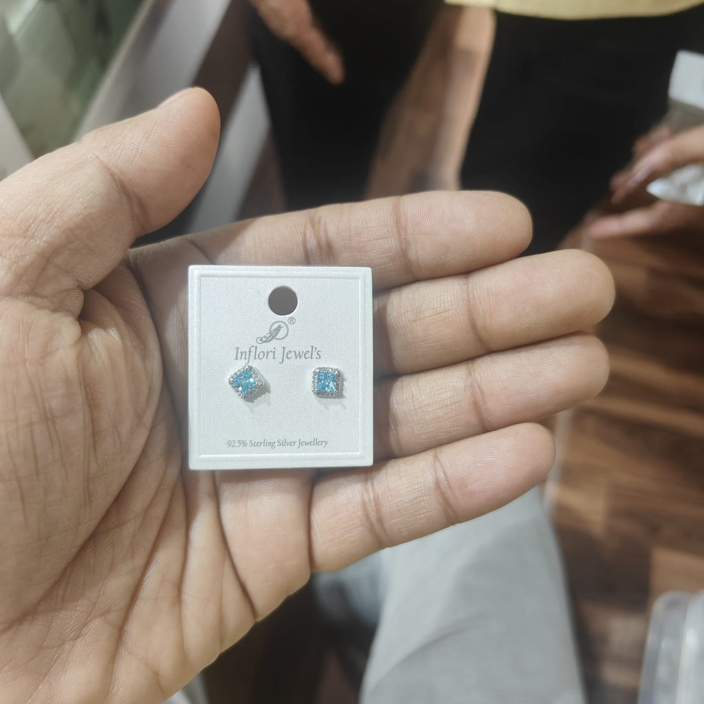 92.5 Sterling Silver Aquamarine Square Stud Earrings