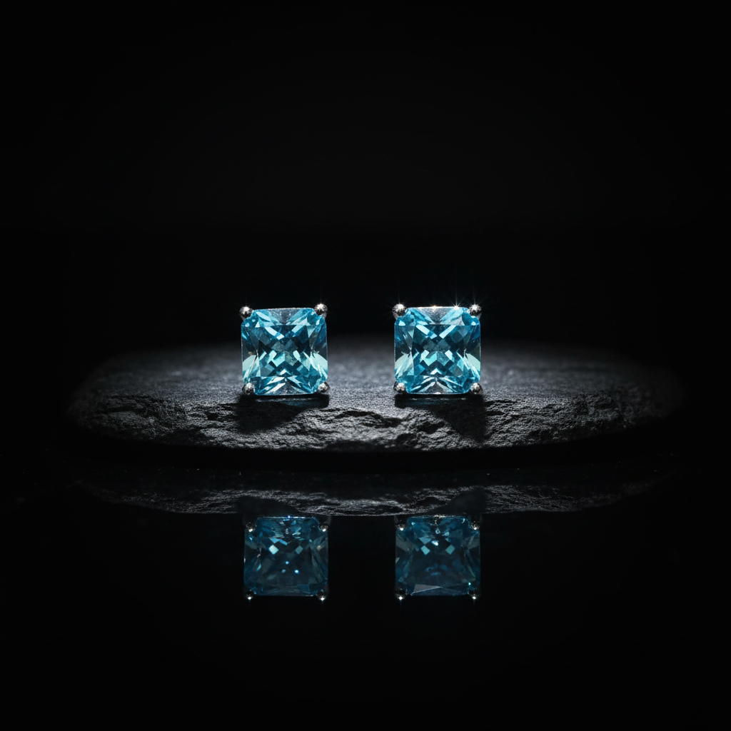 Aqua Blue Square CZ Earrings - Editorial Style