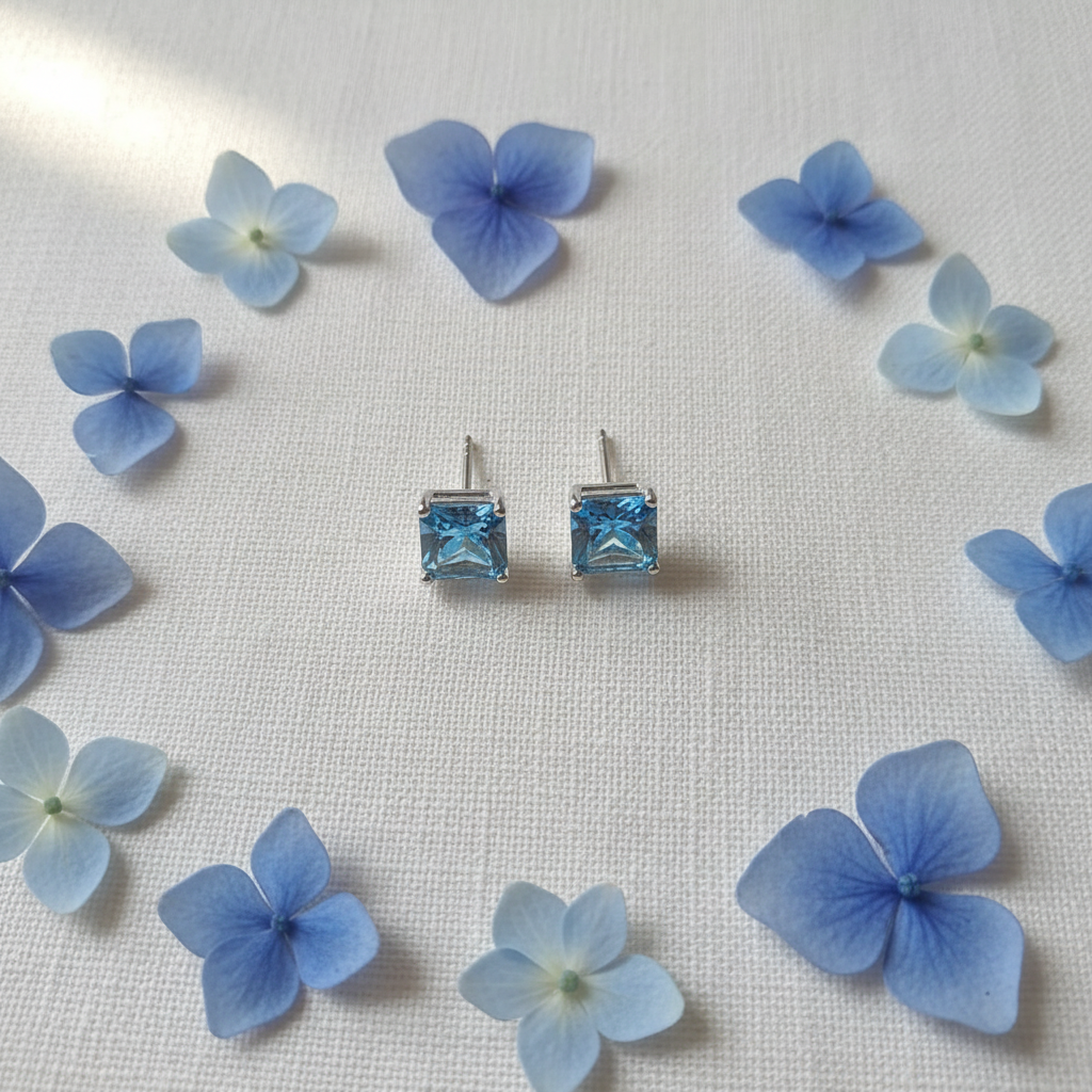 Aqua Blue Square CZ Earrings - Lifestyle Style