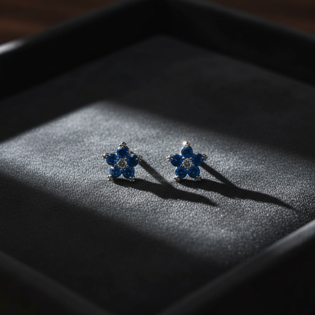 Blue CZ Flower Earrings - Editorial Style