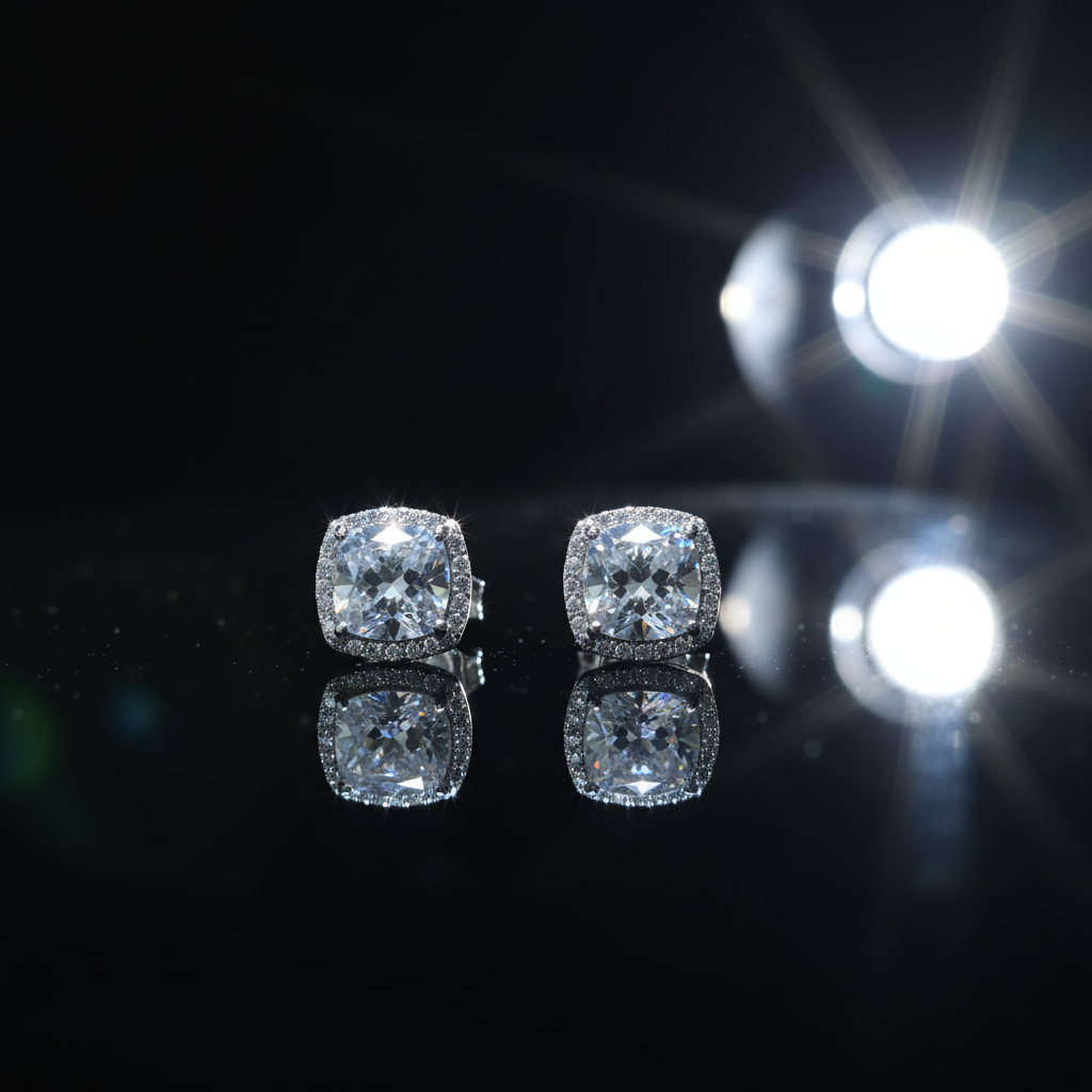 Cushion CZ Halo Earrings - Editorial Style