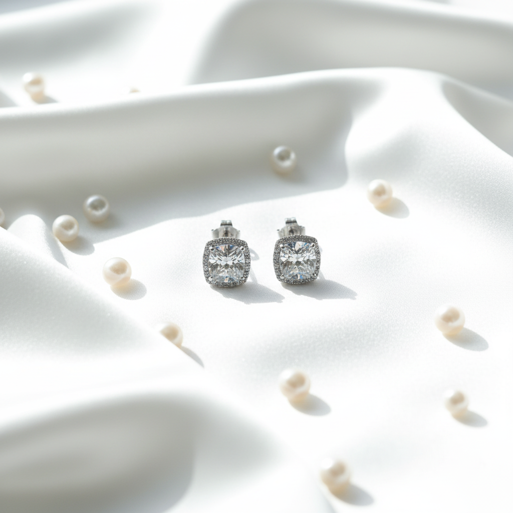 Cushion CZ Halo Earrings - Lifestyle Style