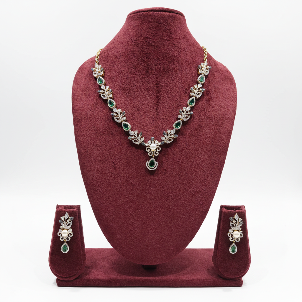 Emerald Pearl Leaf Necklace Studio Shot