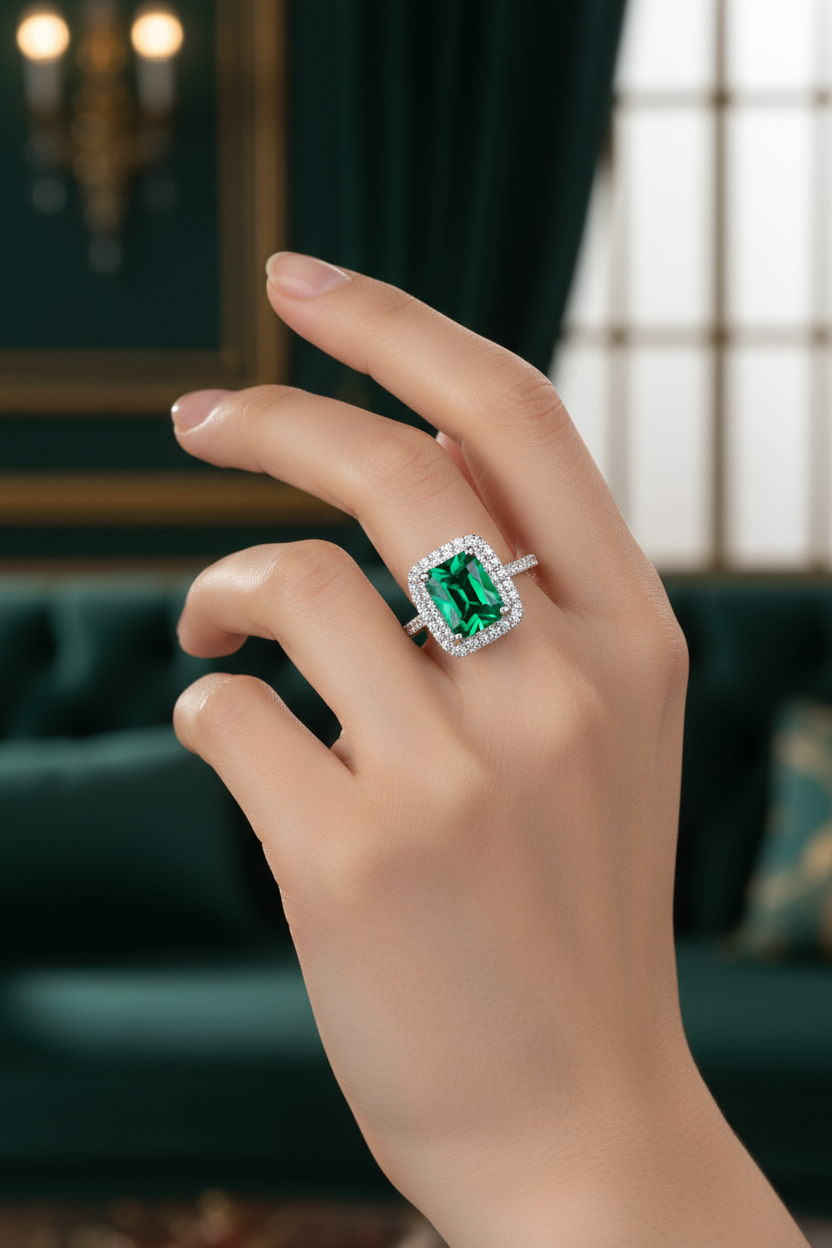 Emerald Square Halo Ring Lifestyle
