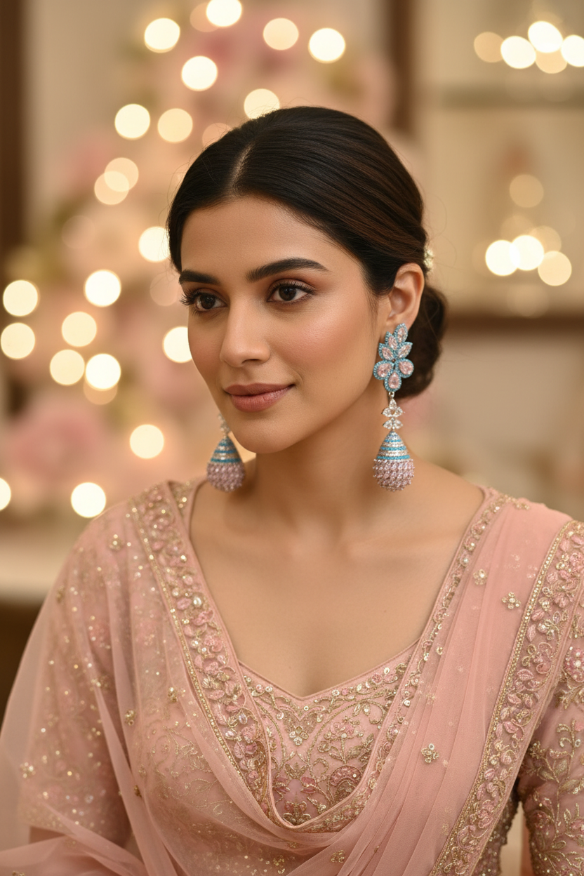 Pink & Turquoise CZ Lotus Crown Earrings – bridal lifestyle editorial