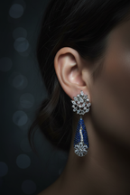 Blue Sapphire & Diamond Drop Earrings - editorial lifestyle shot