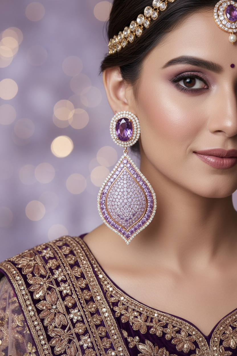 Rose Gold AD Amethyst Purple CZ Marquise Leaf Drop Earrings - Bridal Lifestyle Editorial