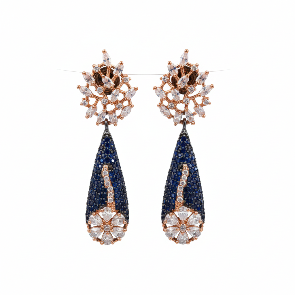 Navy Blue Sapphire & Diamond Drop Earrings - white background studio shot