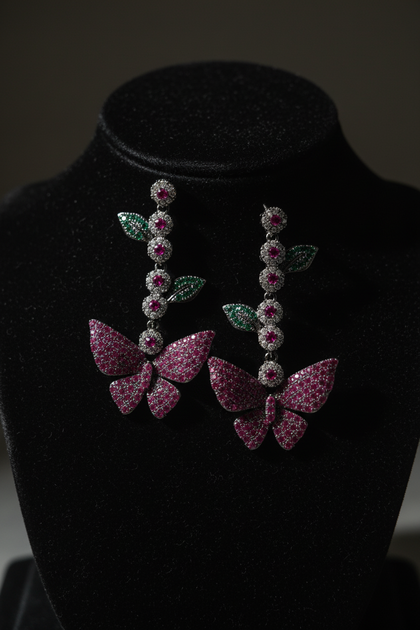 Pink Butterfly Garden Drop Earrings – dark velvet luxury editorial promotional image