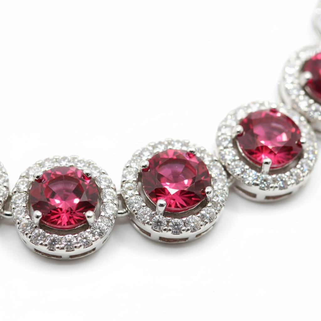 Close-up macro of ruby round stones and AD halo detail