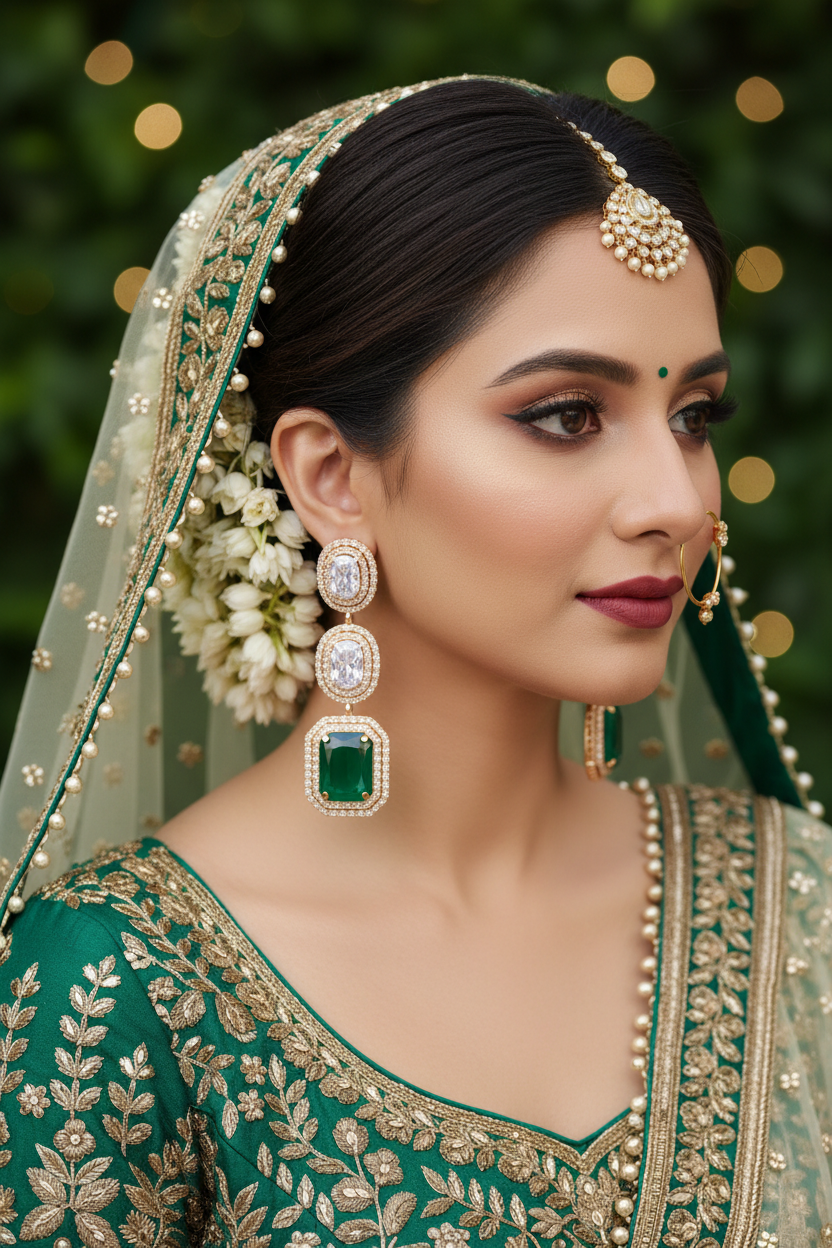 Rose Gold AD Emerald Green Pentagon CZ Drop Earrings - Bridal Lifestyle Editorial