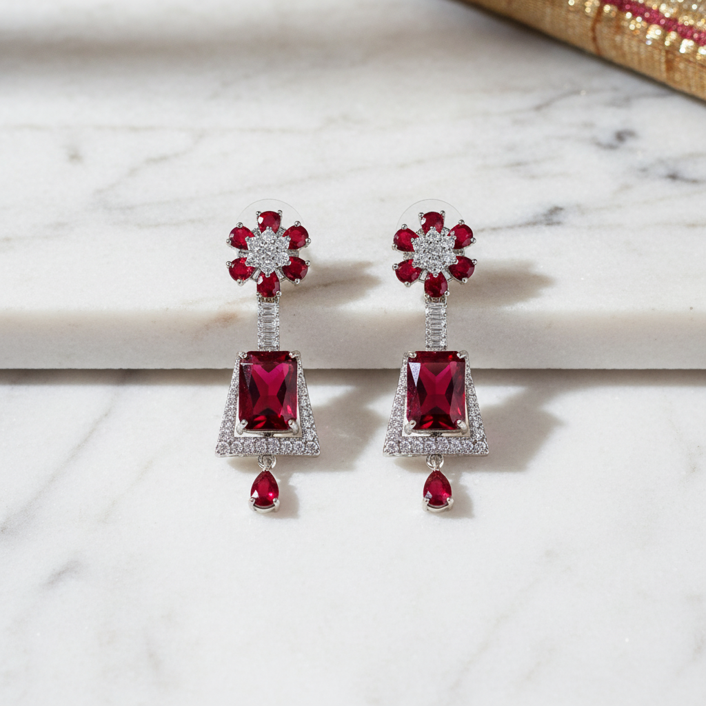 Silver AD Ruby Red CZ Jhumka Earrings - Studio Promotional Shot