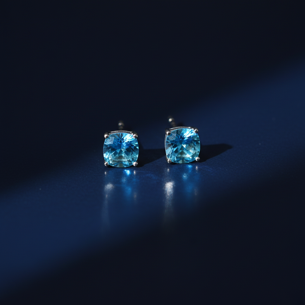 Sky blue topaz CZ round cushion stud earrings on dark navy surface - electric editorial style