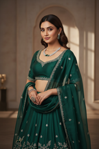 Lifestyle shot — model wearing emerald triple-stone AD pave disc necklace set