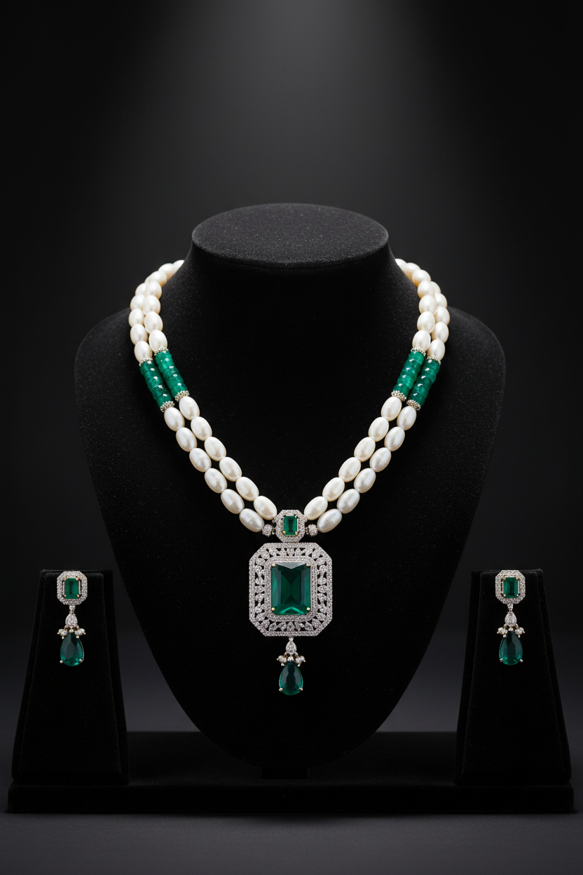 Pearl and teal AD pendant necklace set with earrings on dark velvet studio display