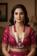 Bridal lifestyle — model wearing ruby pink bead and pearl AD floral pendant long necklace set