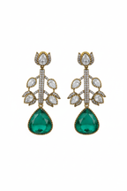 Polki Botanical Vine Emerald Drop Earrings – white background studio promotional image