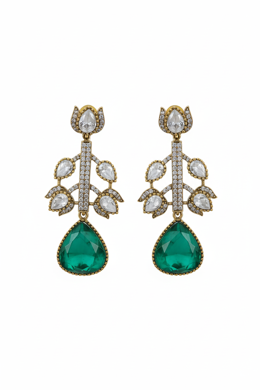 Polki Botanical Vine Emerald Drop Earrings – white background studio promotional image