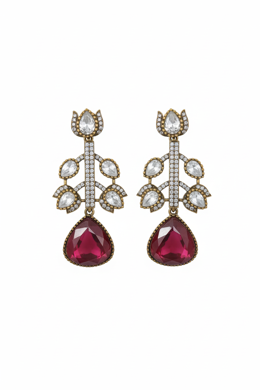 Polki Botanical Vine Ruby Drop Earrings – white background studio promotional image