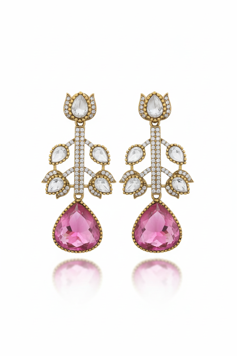 Polki Botanical Vine Pink Tourmaline Drop Earrings – white background studio promotional image
