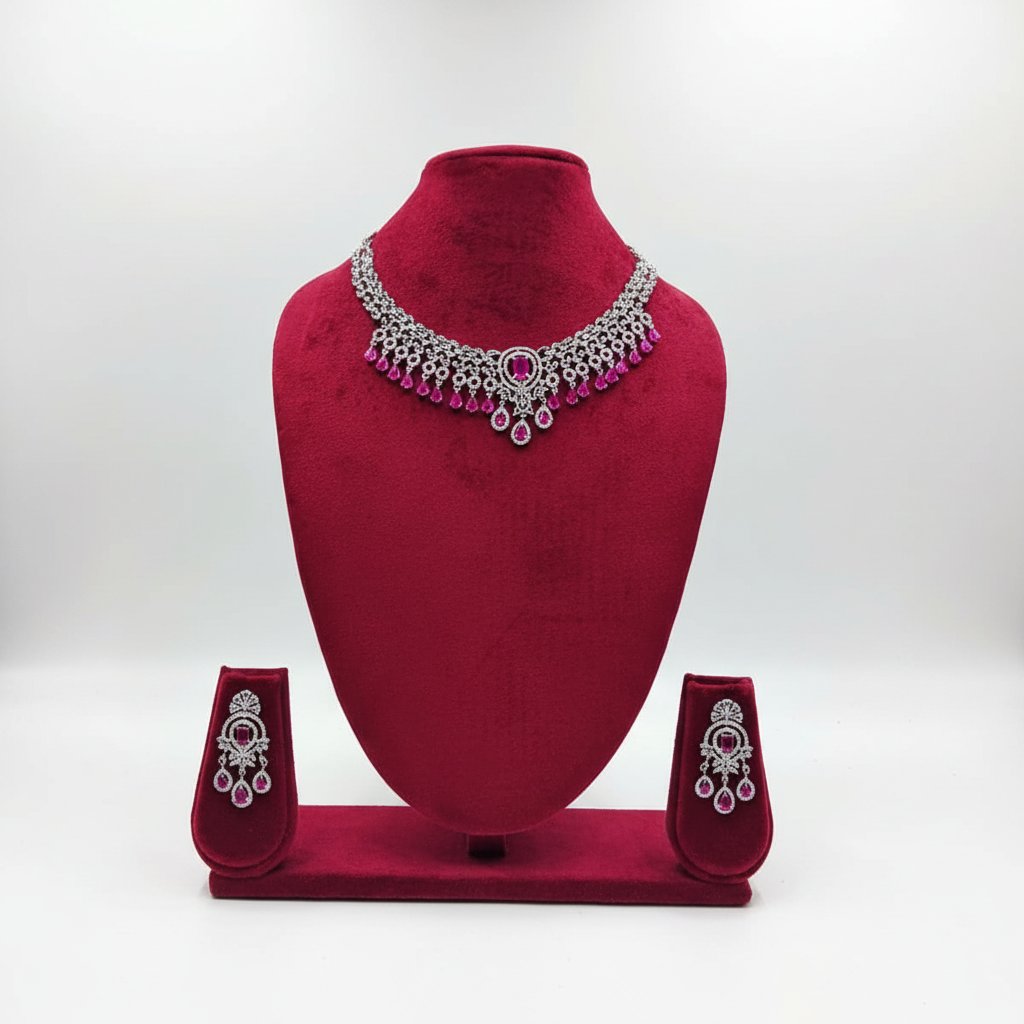 Fuchsia pink AD floral fringe necklace set on burgundy velvet display