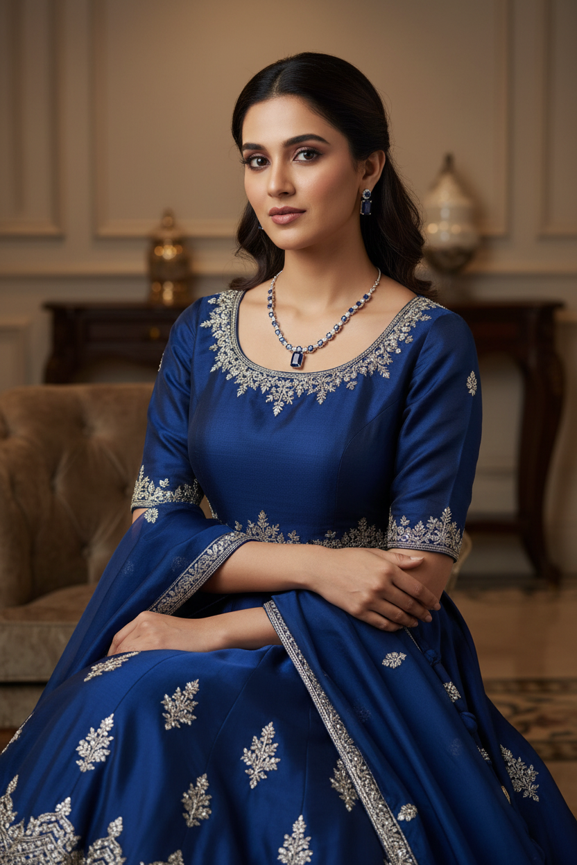 Lifestyle shot — model wearing royal blue sapphire AD tennis necklace set
