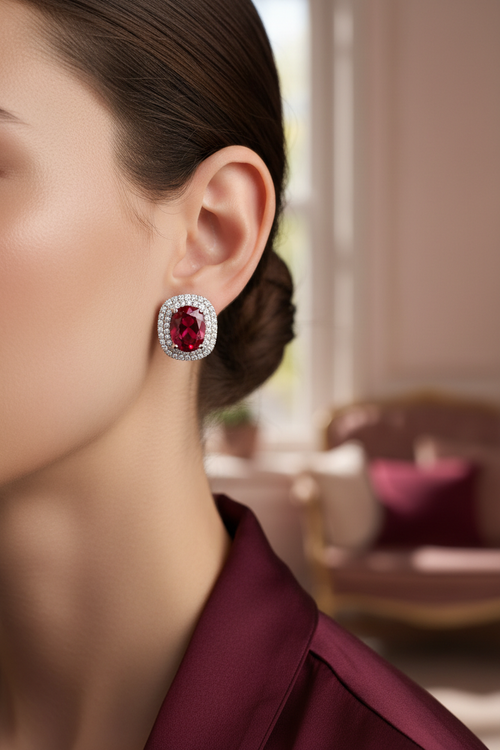 92.5 Sterling Silver Ruby Red Oval CZ Halo Stud Earrings lifestyle editorial shot