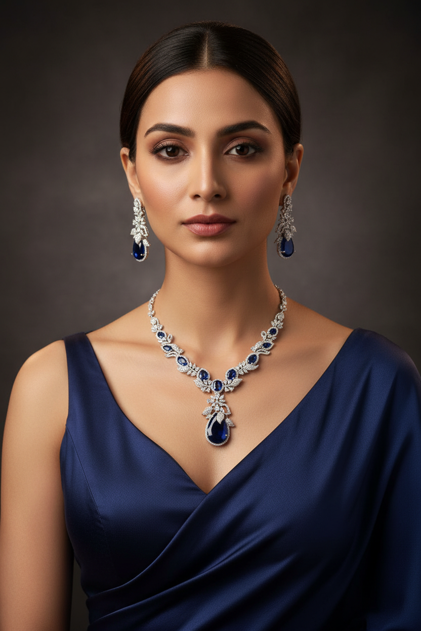 Lifestyle shot — model wearing white AD and sapphire blue floral leaf pendant necklace set
