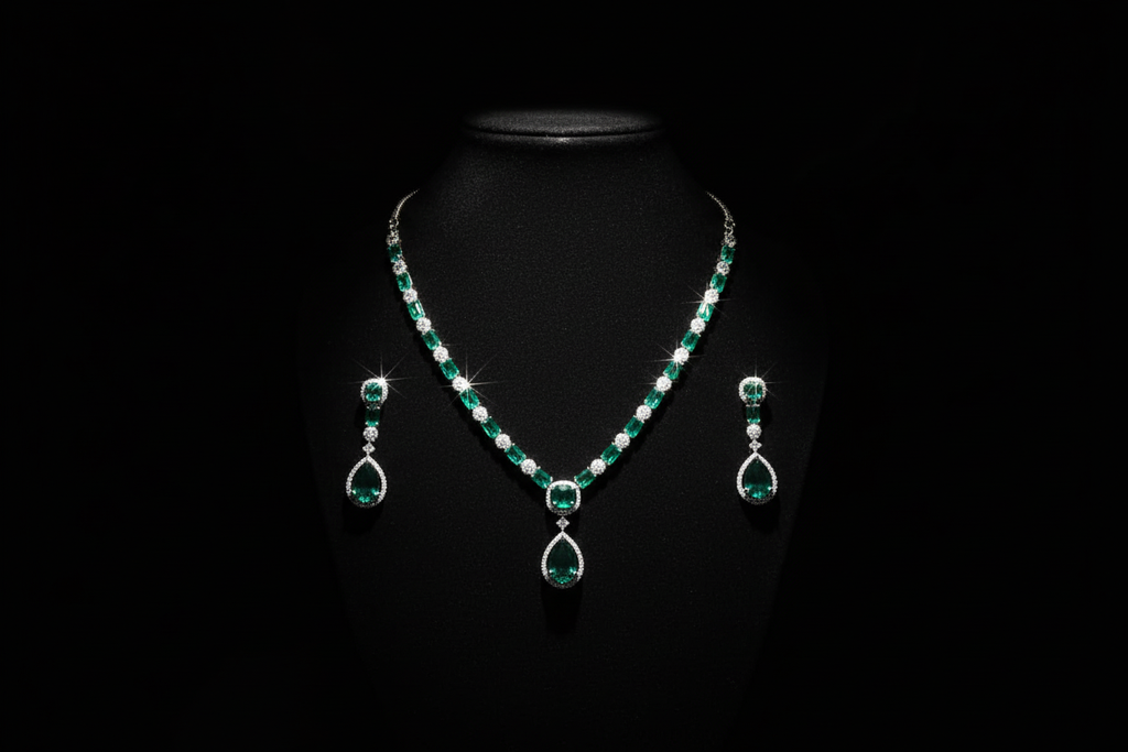 Emerald AD tennis necklace set promotional banner on black background