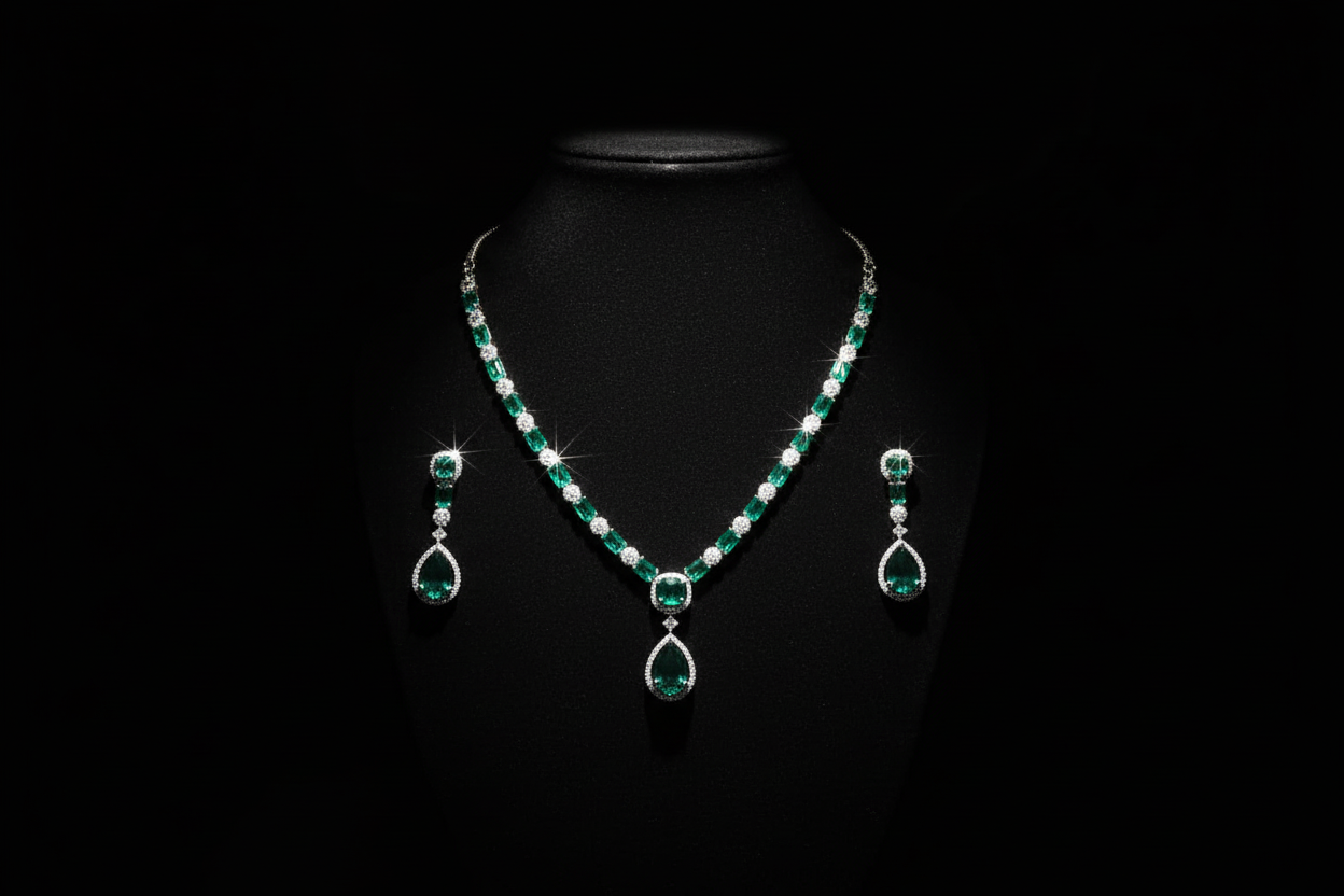 Emerald AD tennis necklace set promotional banner on black background