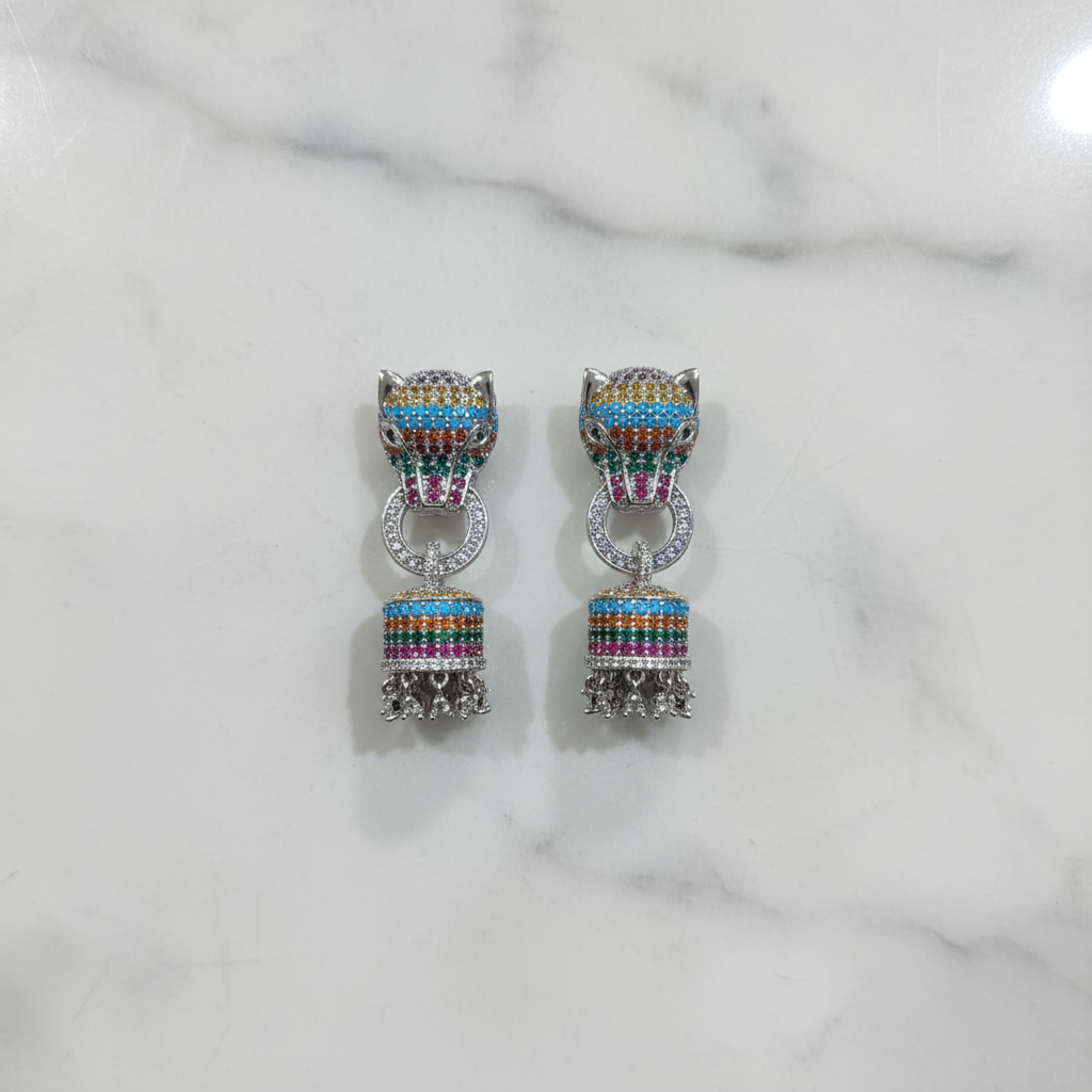 Rainbow CZ Mini Jhumka Charm Earrings – luxury flat lay on marble
