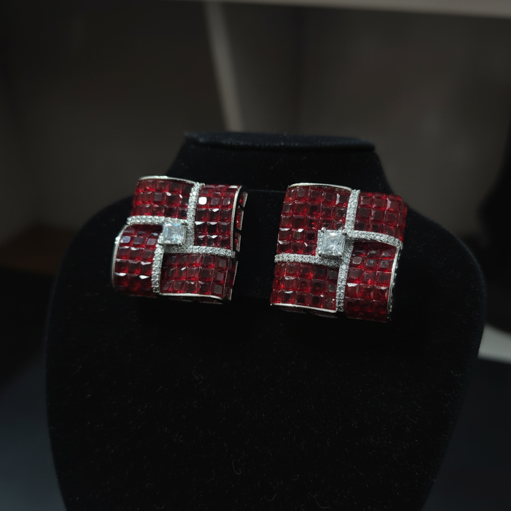 Ruby Royale AD Earrings – dark velvet luxury editorial promotional image