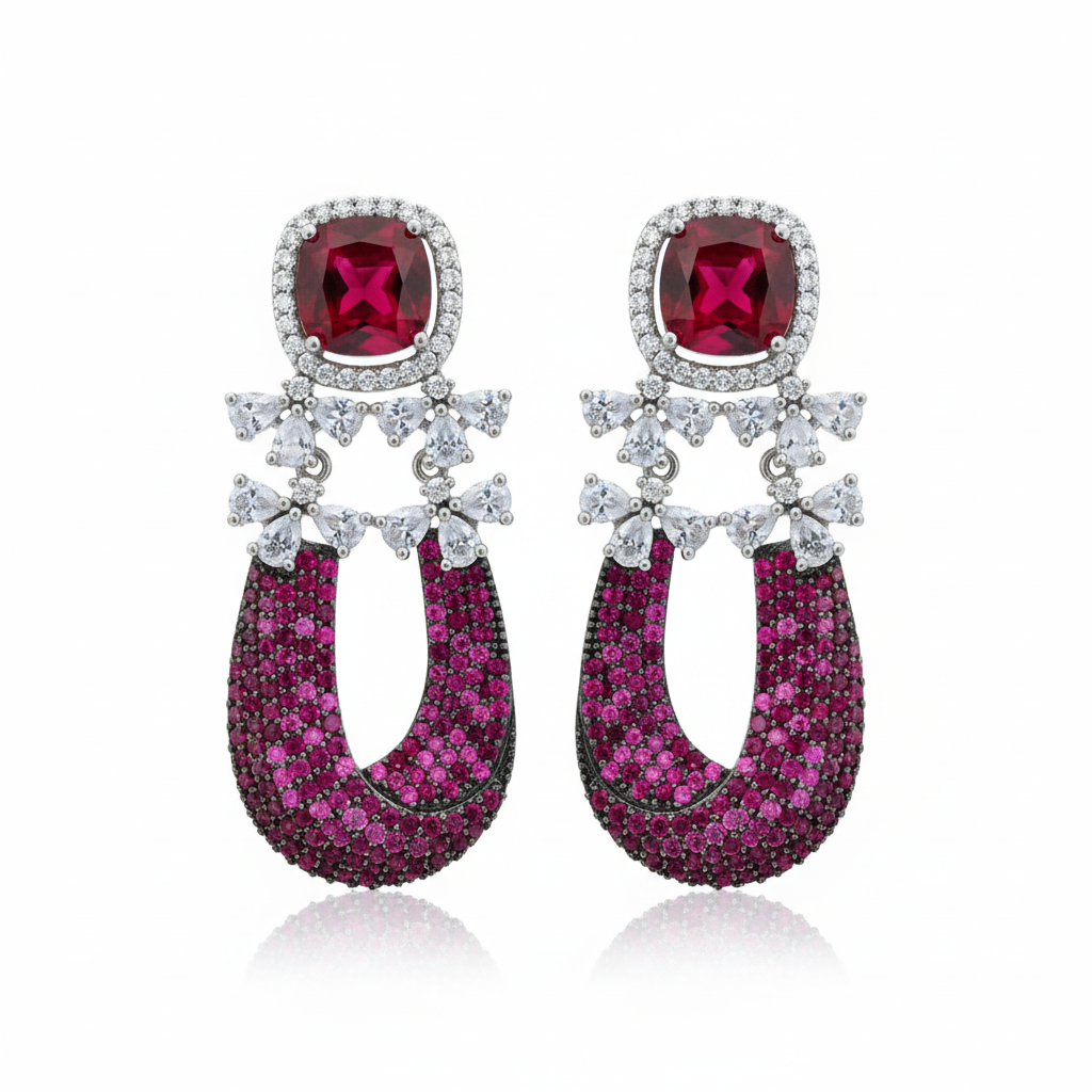 Red Ruby Fuchsia Horseshoe Drop Earrings - white background studio shot