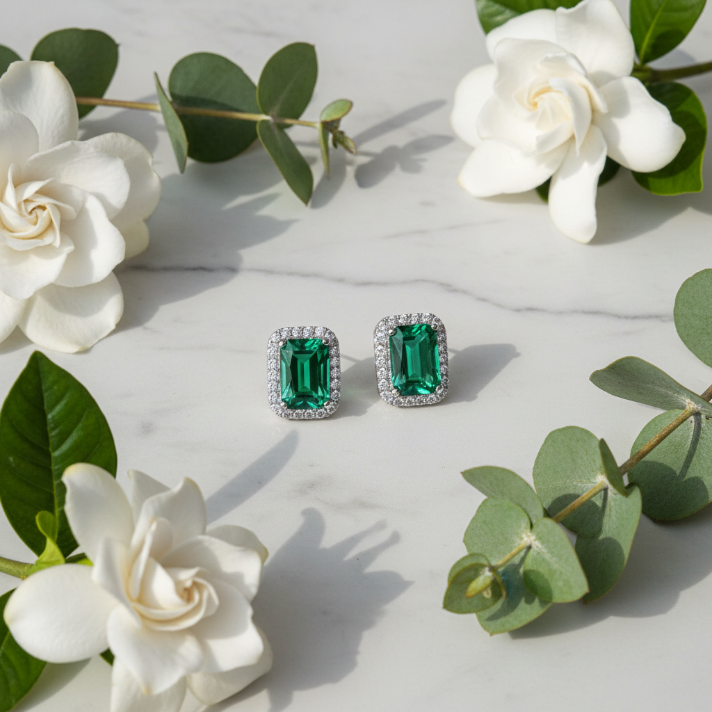 Emerald green CZ emerald-cut rectangle halo stud earrings on white marble with eucalyptus and gardenia - lifestyle style