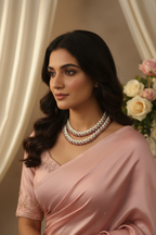 Lifestyle shot — model wearing two-tone cream and rose pearl AD X-link necklace