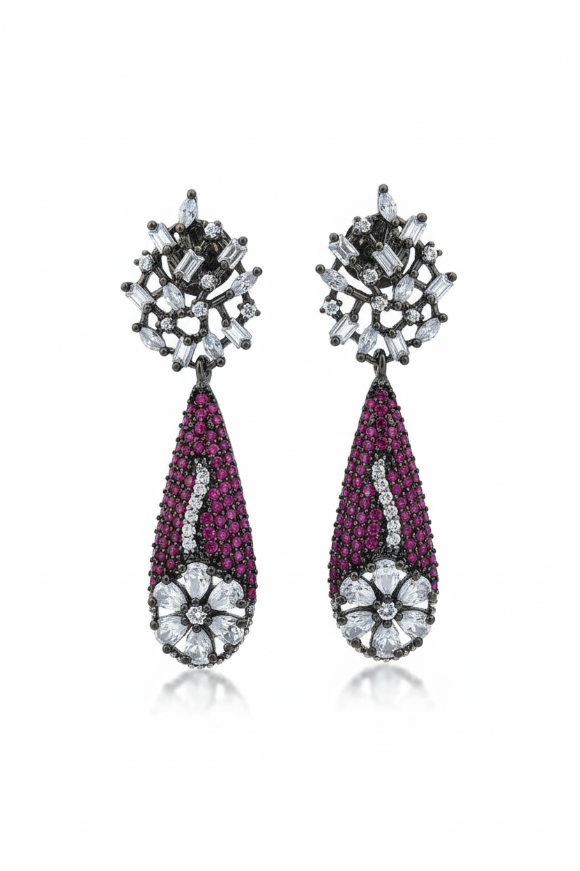 Diamond Snowflake Fuchsia Pavé Teardrop Drop Earrings – white background studio promotional image