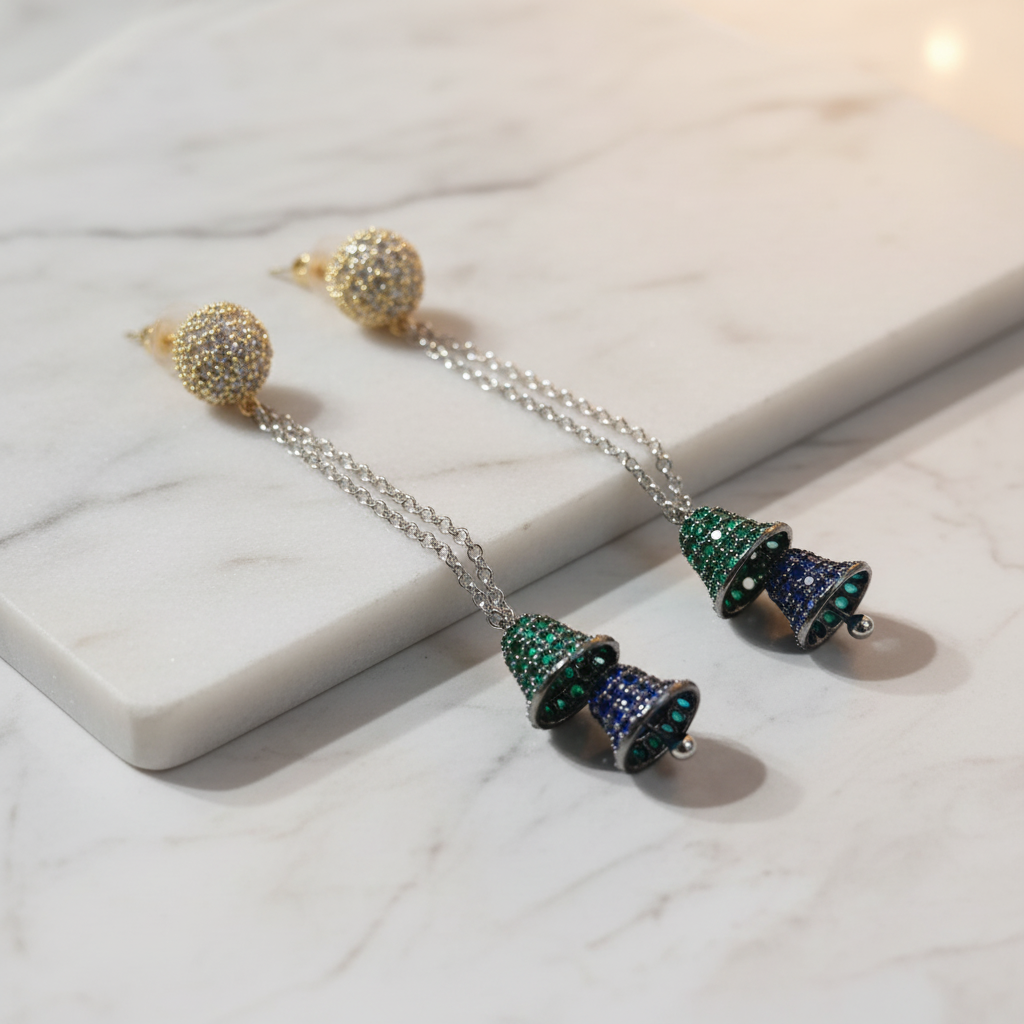Gold Pavé Double Jhumka Earrings – luxury flat lay on marble