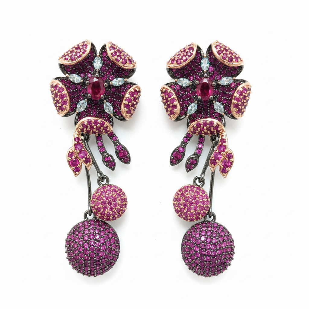 Fuchsia Pink Purple Floral Drop Earrings - white background studio shot