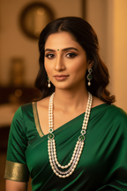 Bride wearing 2-strand pearl necklace with emerald AD stations styled with green saree