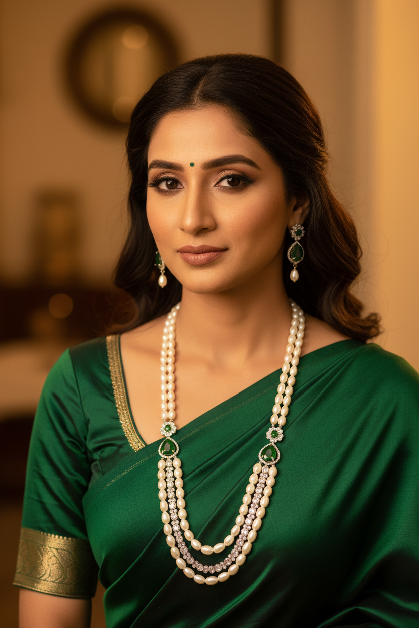Bride wearing 2-strand pearl necklace with emerald AD stations styled with green saree