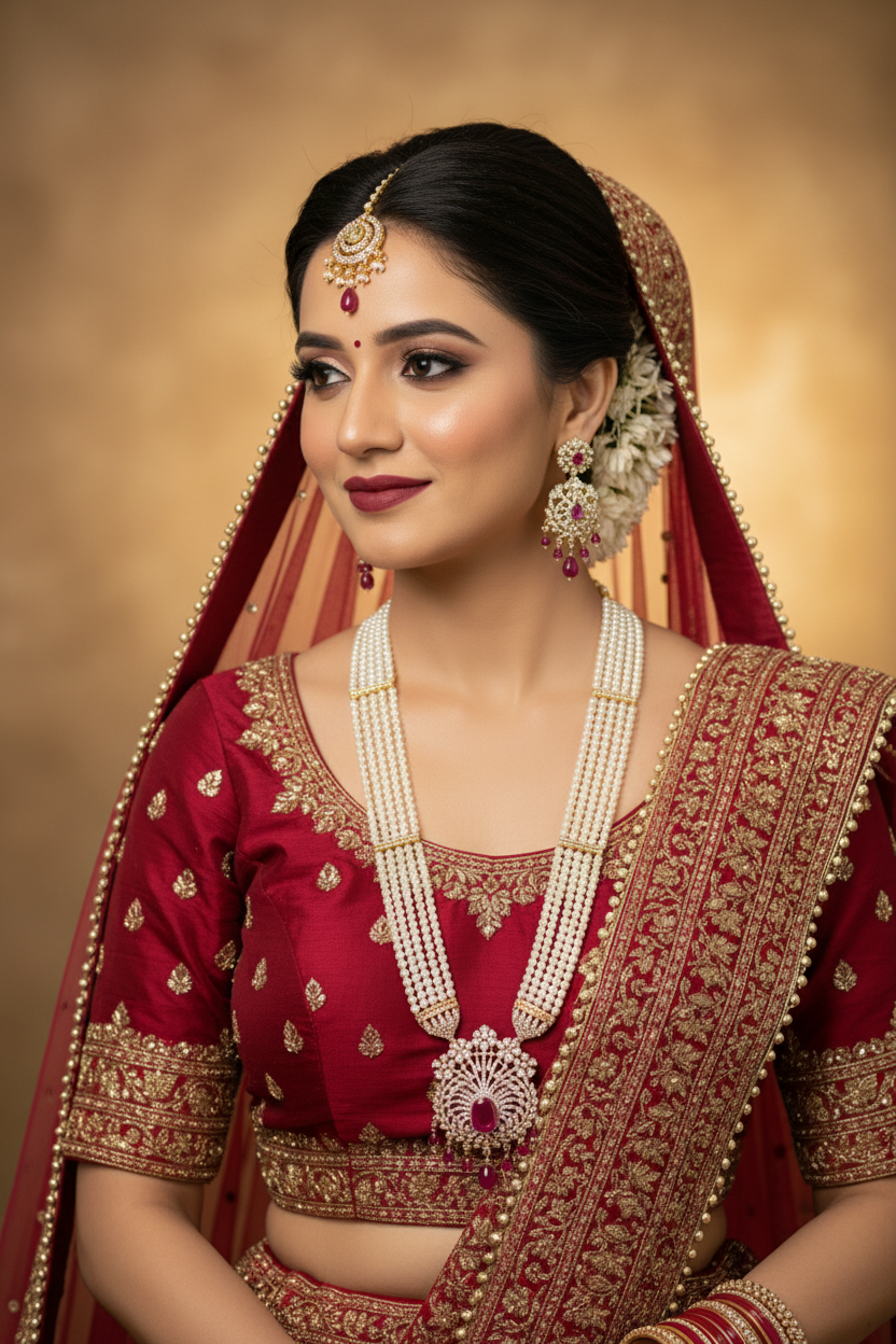 Bridal lifestyle — model wearing pearl and ruby AD fan pendant long necklace set