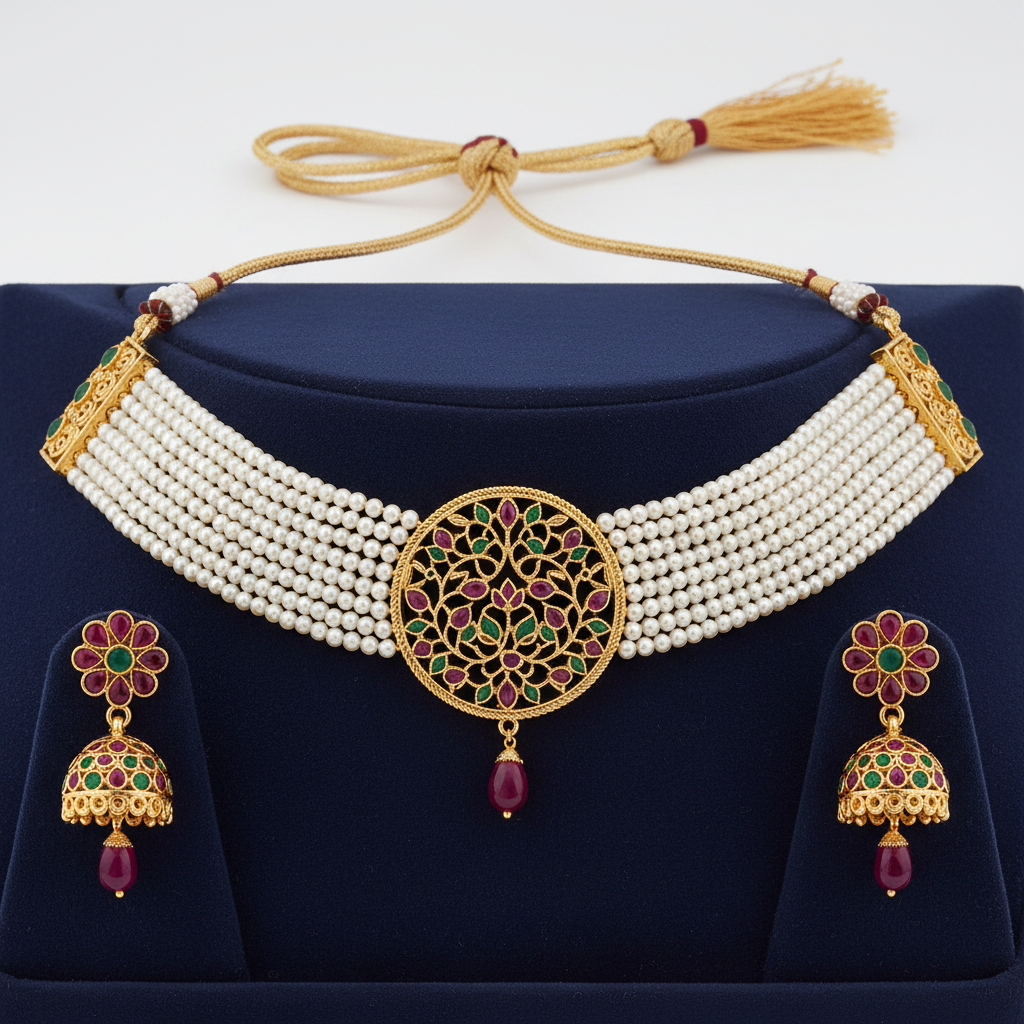 Multi-strand seed pearl choker with ruby and emerald circular disc centrepiece and jhumka set on navy velvet display