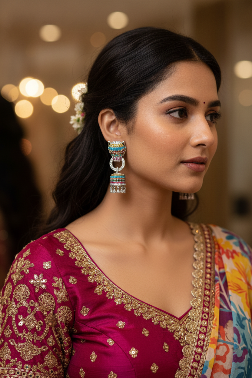 Rainbow CZ Barrel Jhumka Earrings – lifestyle editorial look